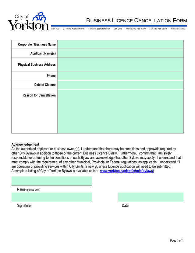 Business Licence Cancellation Form screenshot