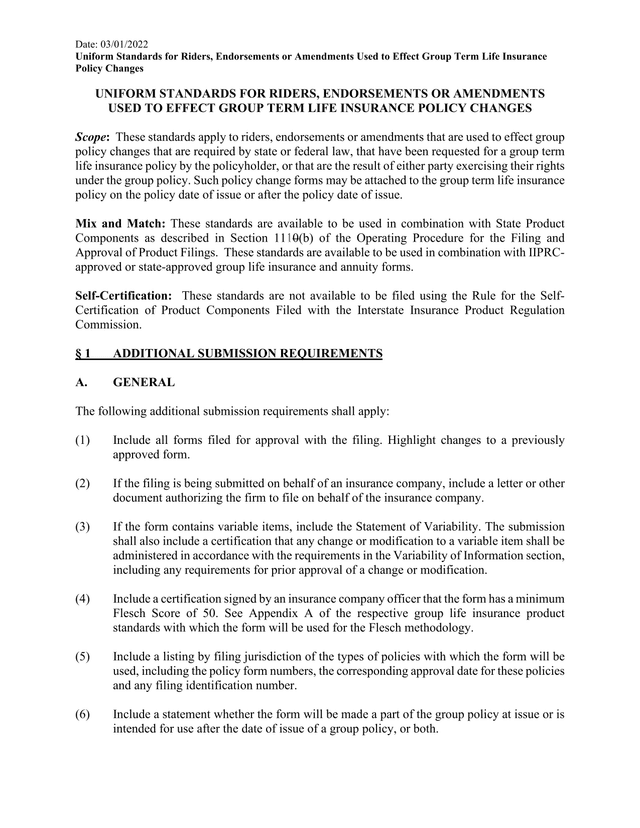 Uniform Standards For Riders, Endorsements Or Amendments Used To Effect Group Term Life Insurance Po screenshot