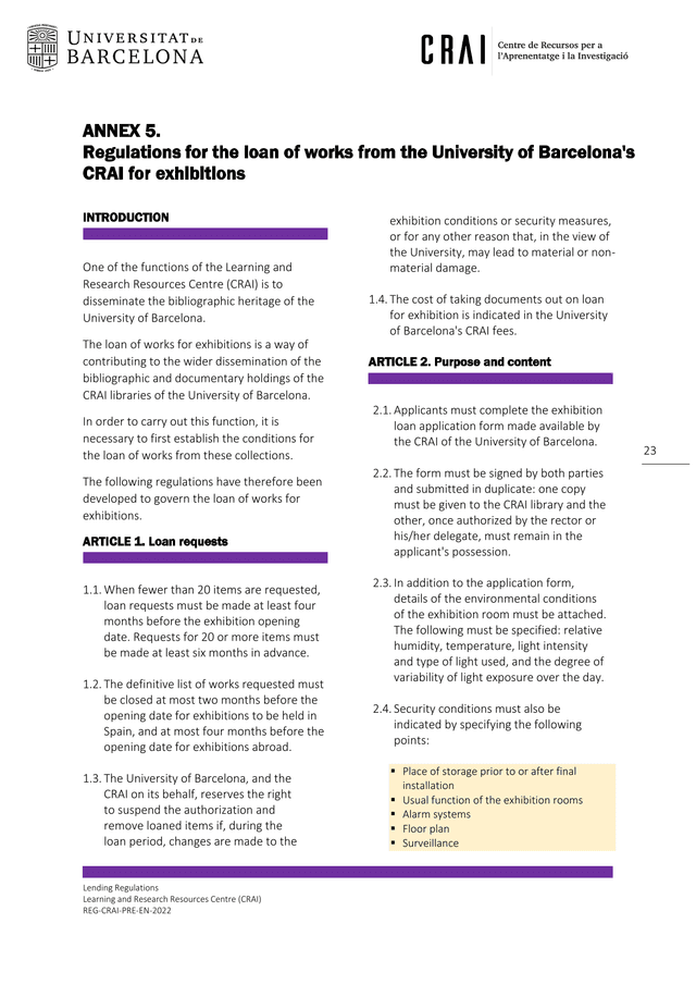 Regulations For The Loan Of Works From The University Of BarcelonaS CRAI For Exhibitions screenshot