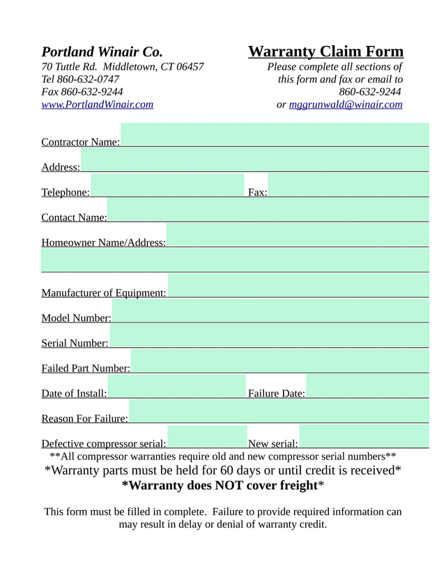 Warranty Claim Form screenshot