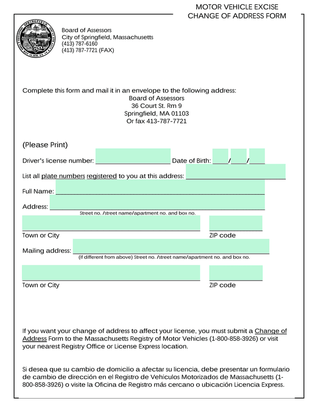 MOTOR VEHICLE EXCISE CHANGE OF ADDRESS FORM screenshot
