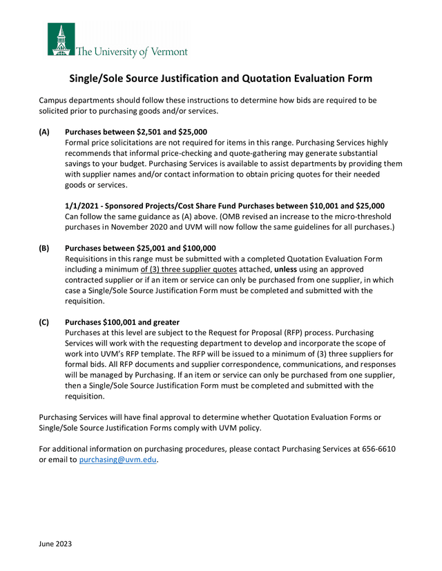 SingleSole Source Justification And Quotation Evaluation Form screenshot