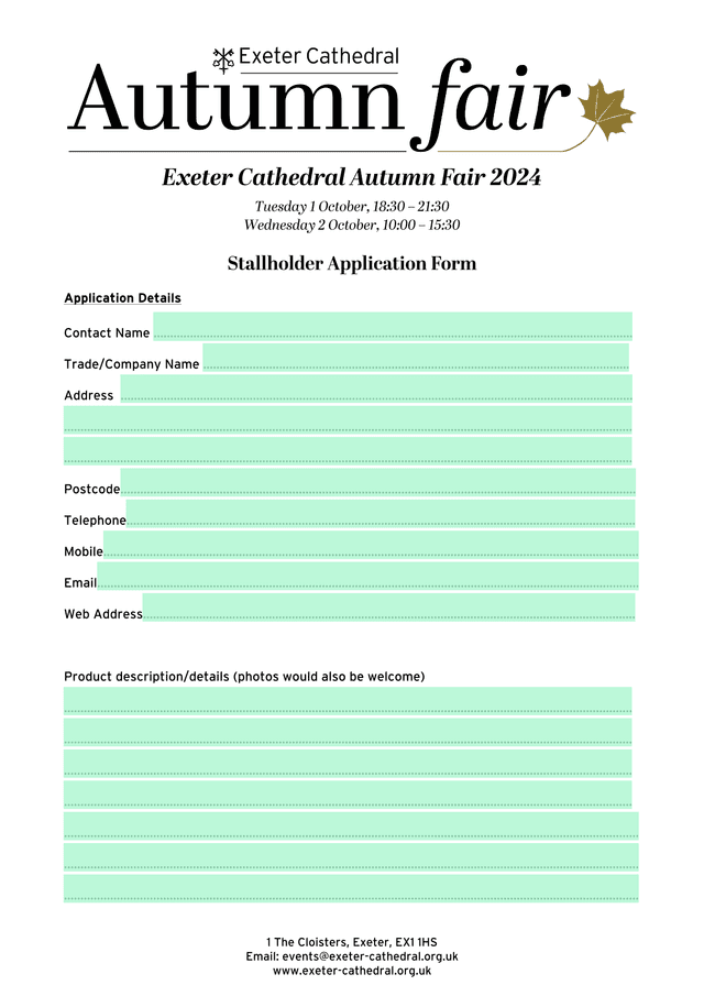 Exeter Cathedral Autumn Fair 2024 Stallholder Application Form screenshot