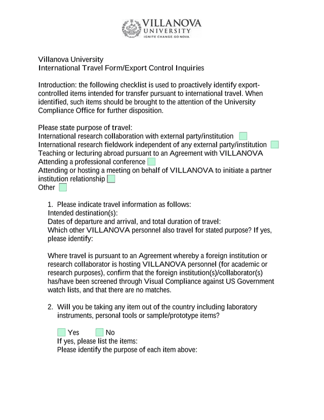 Villanova University International Travel FormExport Control Inquiries screenshot