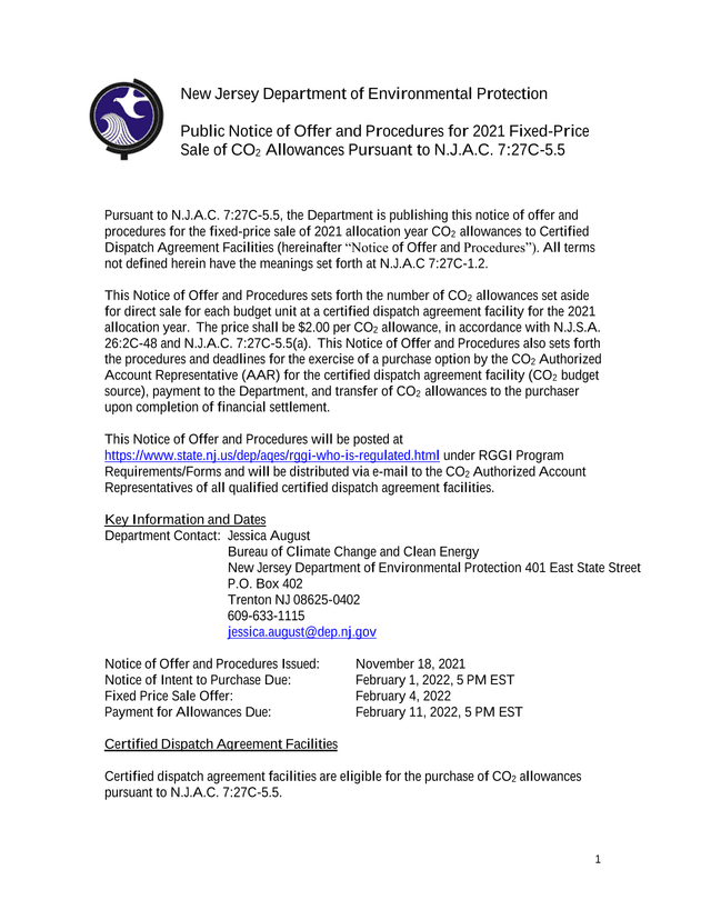 Public Notice Of Offer And Procedures For 2021 Fixed Price Sale Of CO2 Allowances screenshot