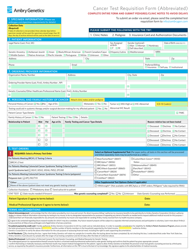 Ambry Genetics Test Requisition Form (TRF) screenshot