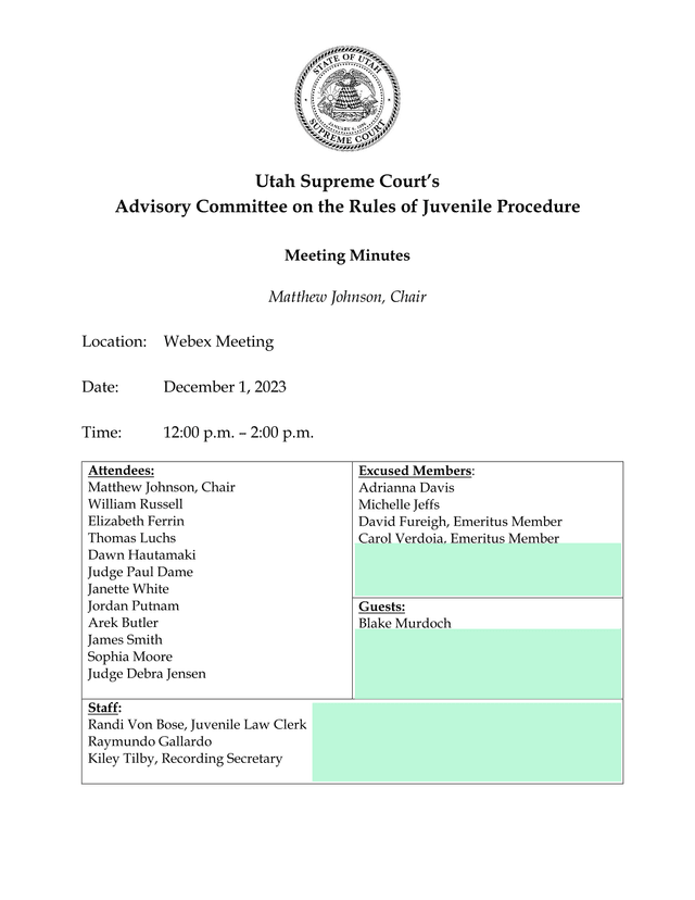 Utah Supreme Court Advisory Committee On The Rules Of Juvenile Procedure Meeting Minutes screenshot