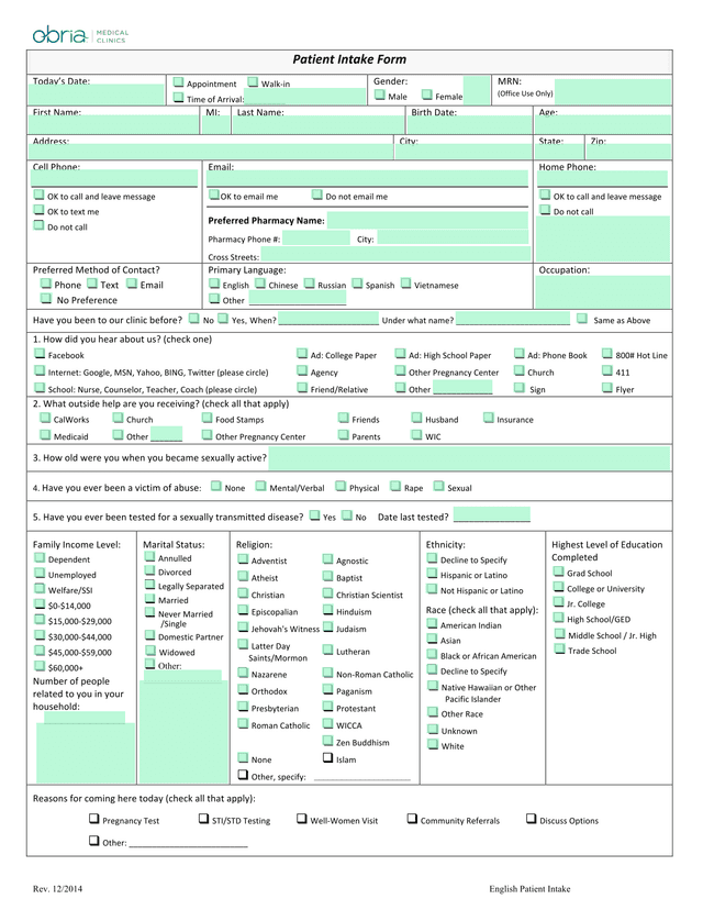 English Patient Intake Form screenshot