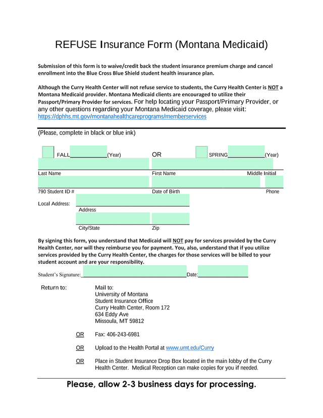 REFUSE Insurance Form (Montana Medicaid) screenshot