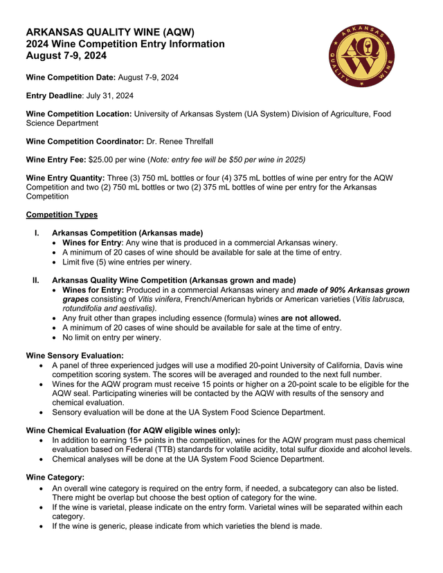 ARKANSAS QUALITY WINE (AQW) 2024 Wine Competition Entry Information screenshot