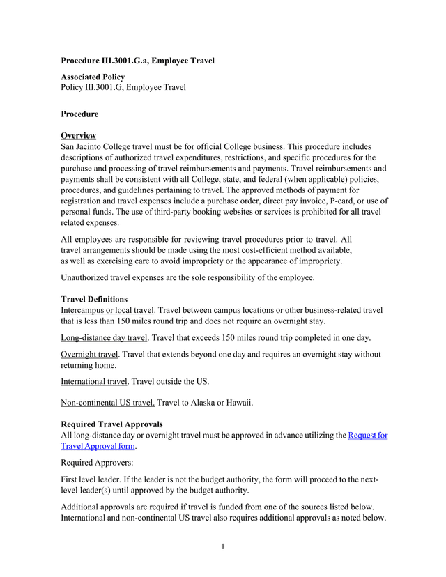 Procedure III.3001.G.A, Employee Travel screenshot