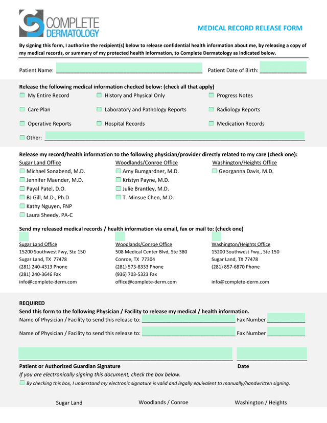 Medical Record Release Form screenshot
