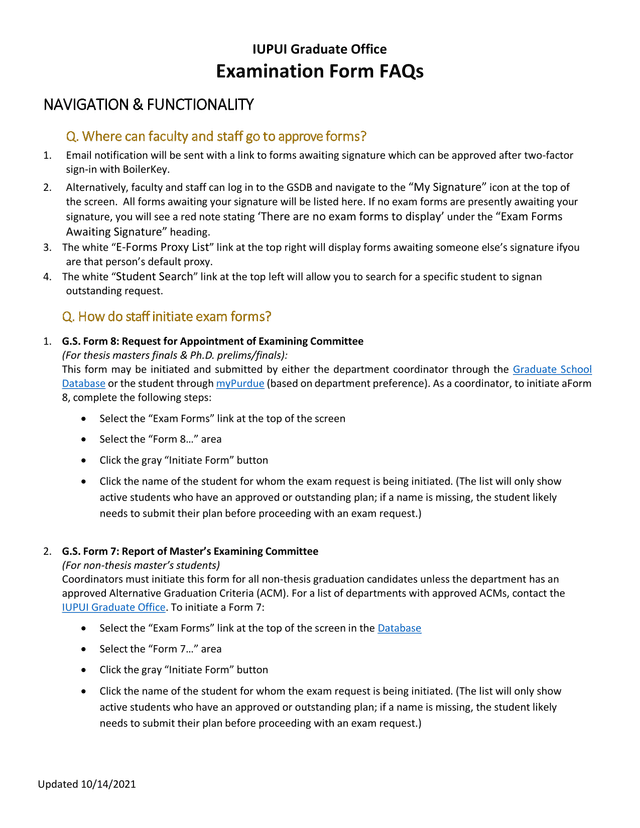 IUPUI Graduate Office Examination Form FAQs screenshot