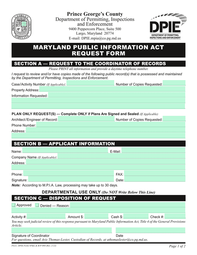 Maryland Public Information Act Request Form screenshot