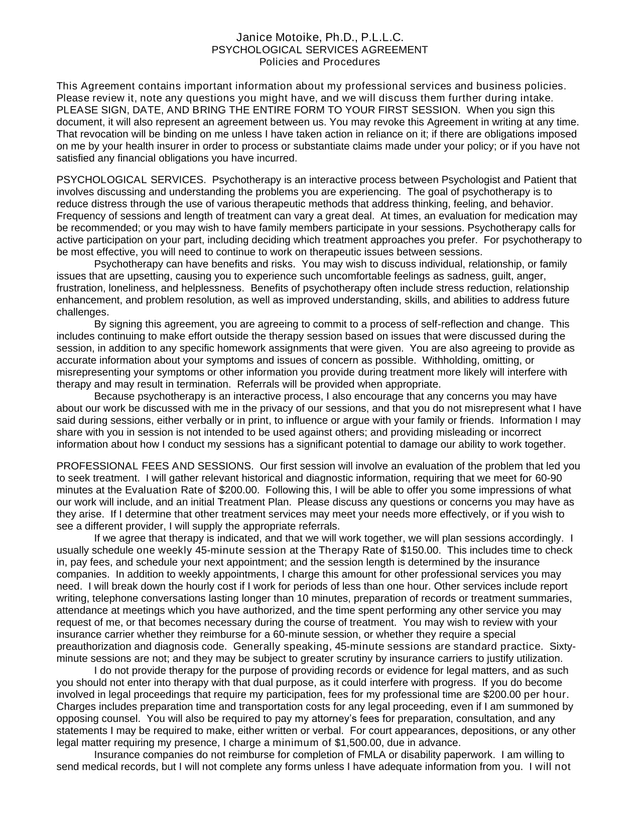 Psychological Services Agreement screenshot