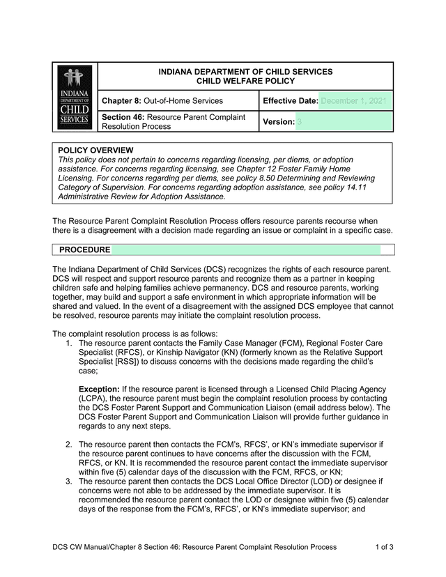 DCS CW ManualChapter 8 Section 46 Resource Parent Complaint Resolution Process screenshot