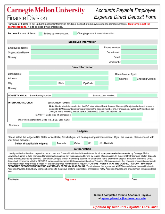 Employee Expense Direct Deposit Form screenshot