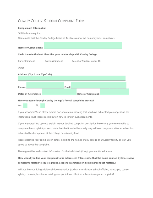 Cowley College Student Complaint Form screenshot
