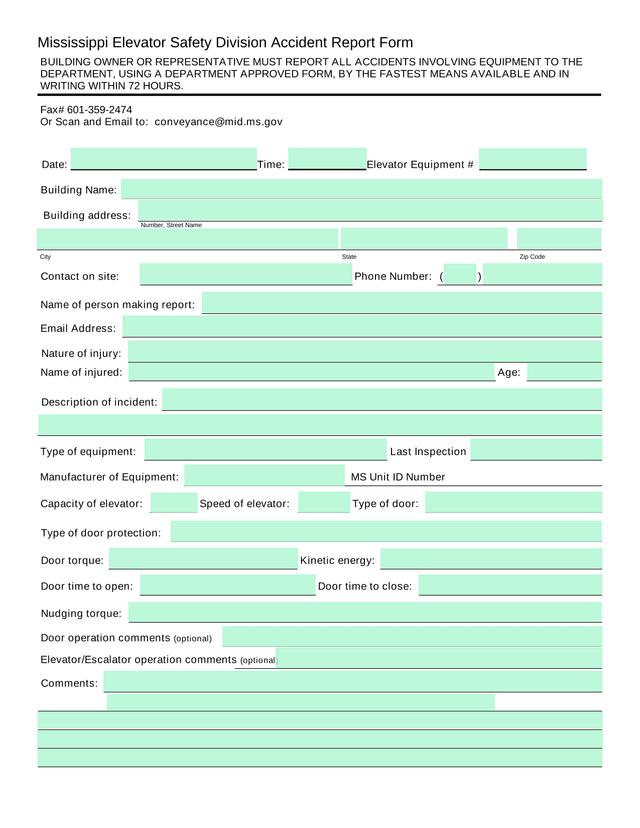 Mississippi Elevator Safety Division Accident Report Form screenshot