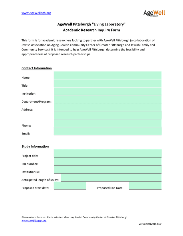 AgeWell Pittsburgh Living Laboratory Academic Research Inquiry Form screenshot