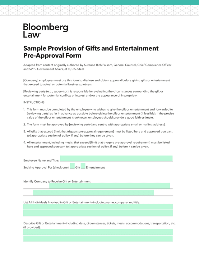 Sample Provision Of Gifts And Entertainment Pre Approval Form screenshot