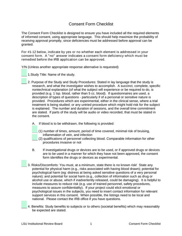 LSU Institutional Review Board Consent Form Checklist screenshot