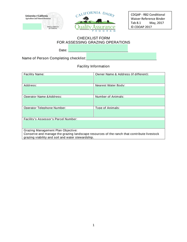CDQAP   RB2 Conditional Waiver Reference Binder   Checklist Form For Assessing Grazing Operations screenshot