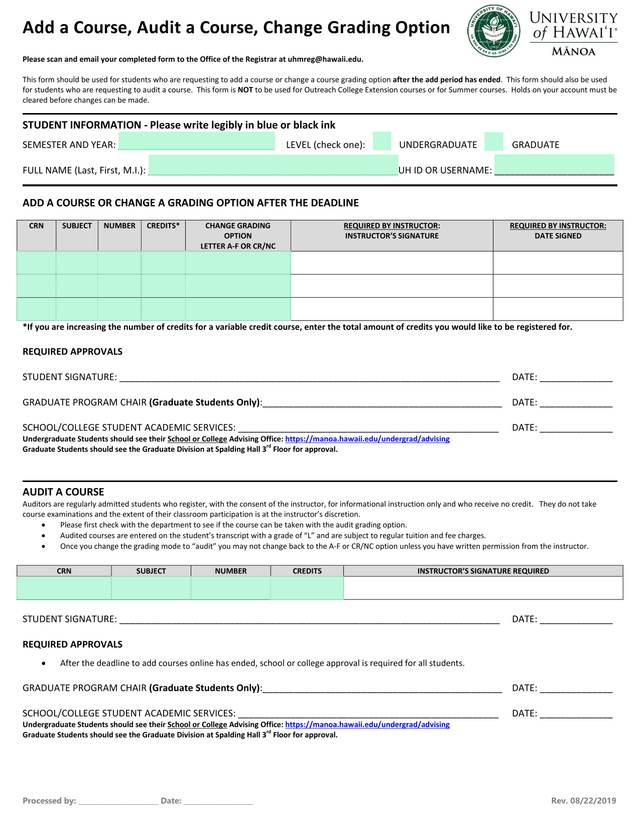 Add A Course, Audit A Course, Change Grading Option screenshot