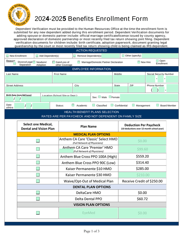 2024 2025 Benefits Enrollment Form screenshot