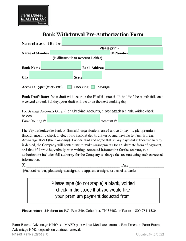 Bank Withdrawal Pre Authorization Form screenshot
