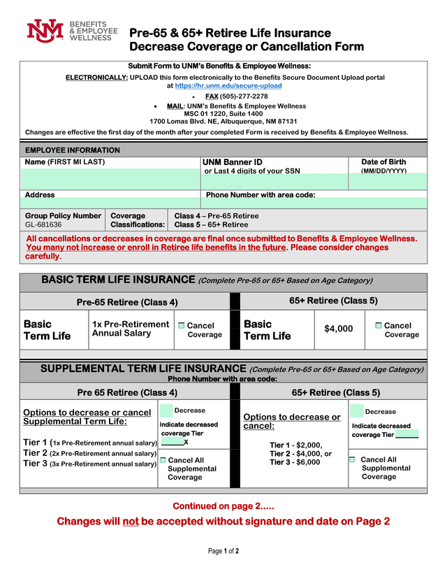 Pre 65  65 Retiree Life Insurance Decrease Coverage Or Cancellation Form screenshot