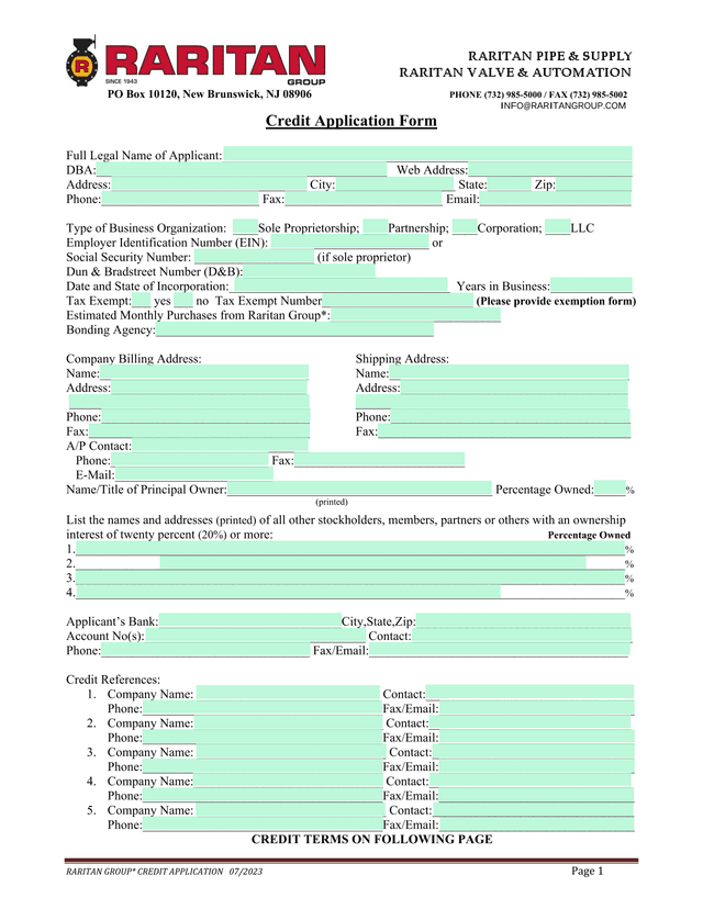 Credit Application Form screenshot