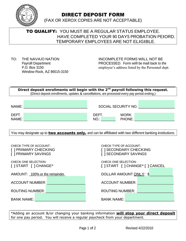 Direct Deposit Form screenshot