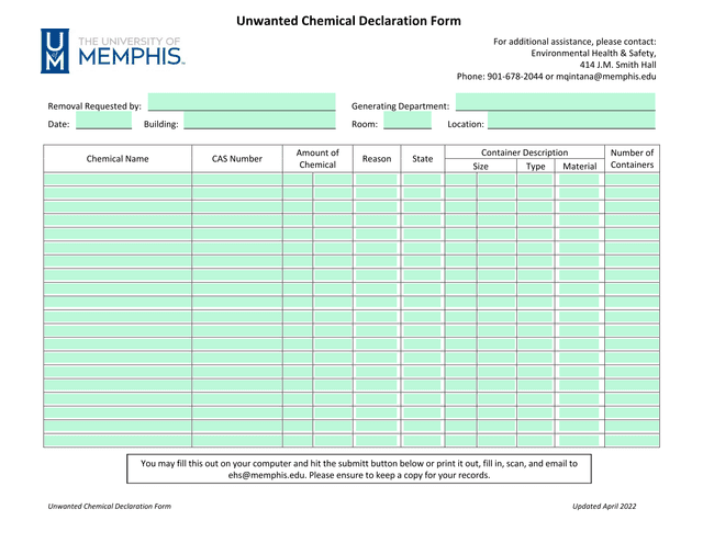 Unwanted Chemical Declaration Form screenshot