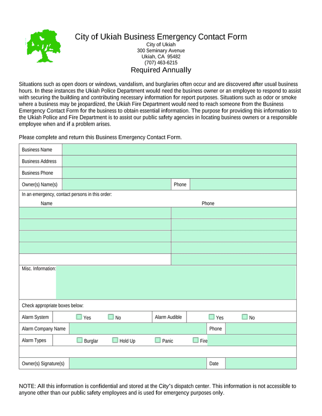 City Of Ukiah Business Emergency Contact Form screenshot