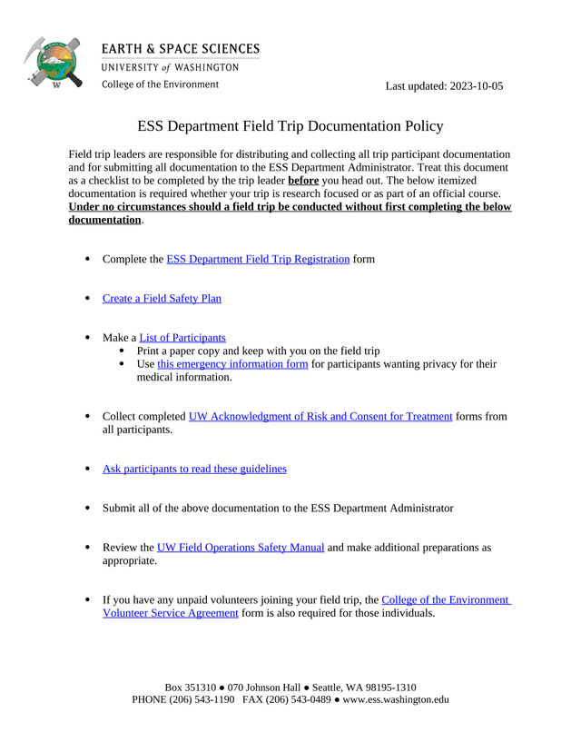ESS Department Field Trip Documentation Policy screenshot
