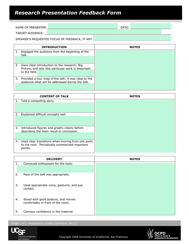 Research Presentation Feedback Form screenshot