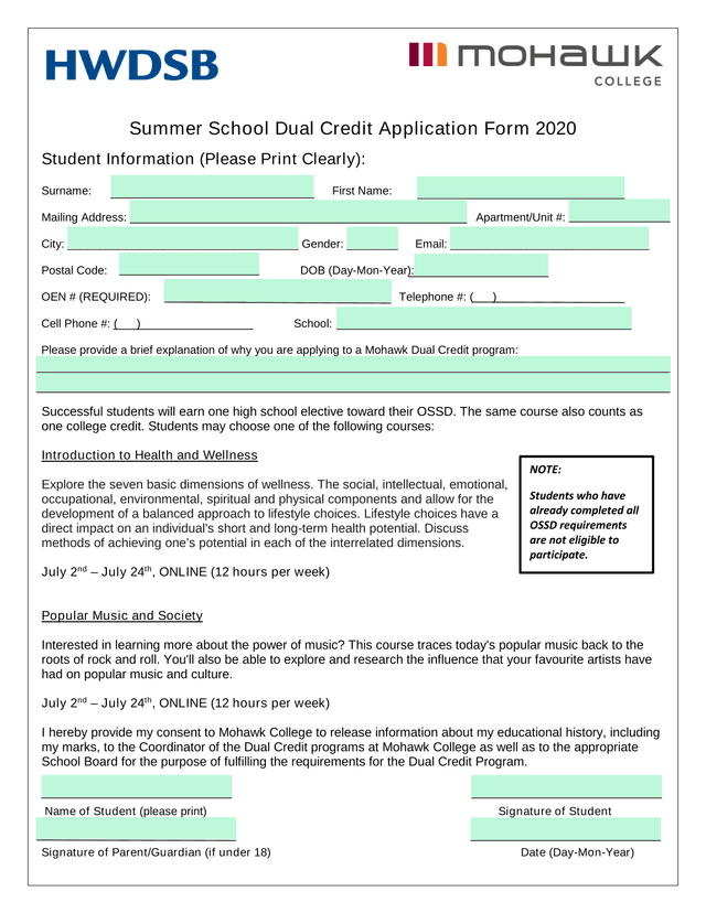 Summer School Dual Credit Application Form 2020 screenshot