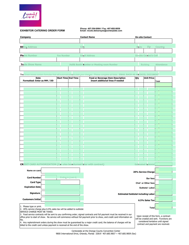 Exhibitor Catering Order Form screenshot