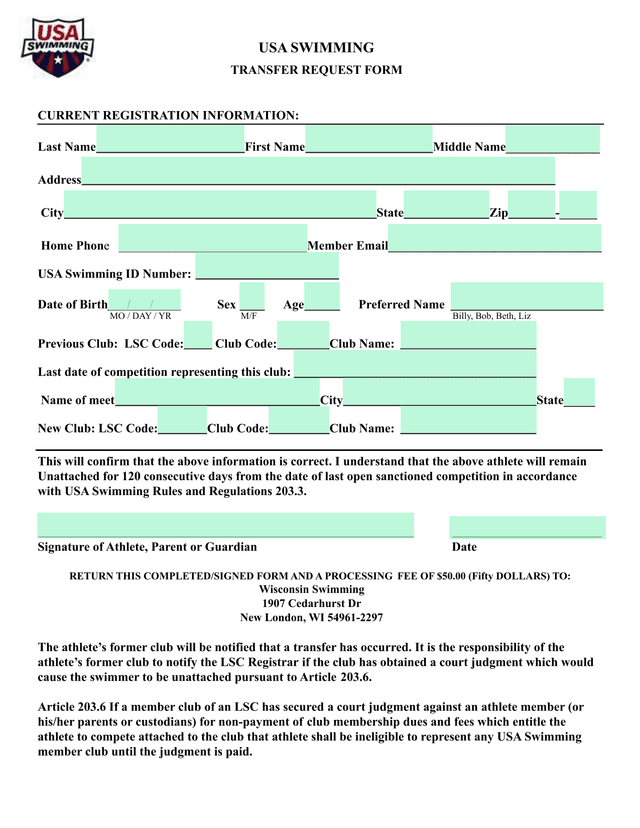 USA Swimming Transfer Request Form screenshot