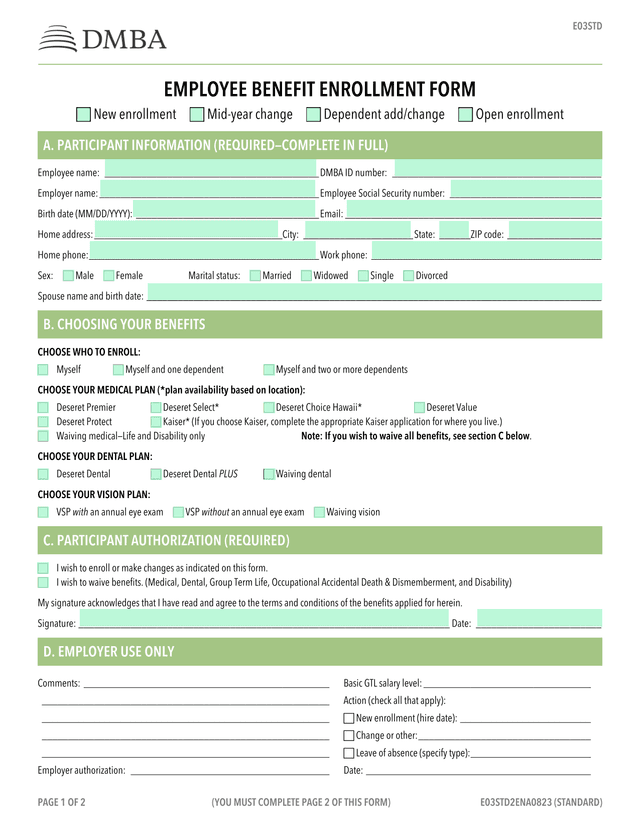 Employee Benefit Enrollment Form screenshot