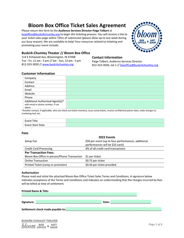 Bloom Box Office Ticket Sales Agreement screenshot