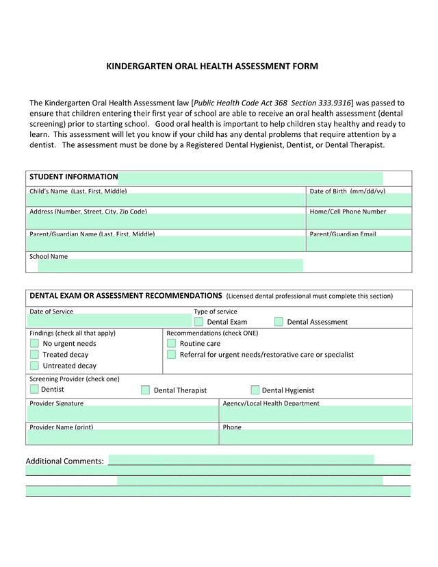 Kindergarten Oral Health Assessment Form screenshot