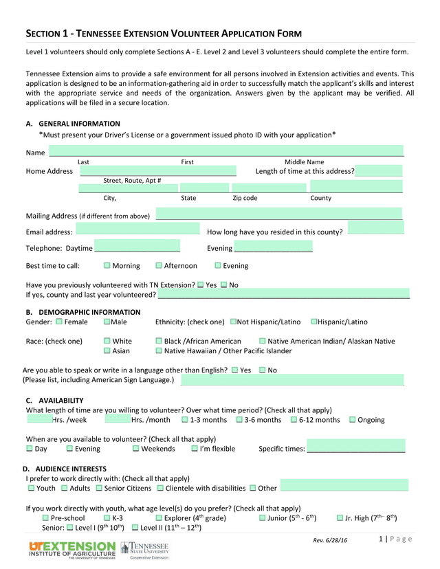Tennessee Extension Volunteer Application Form screenshot
