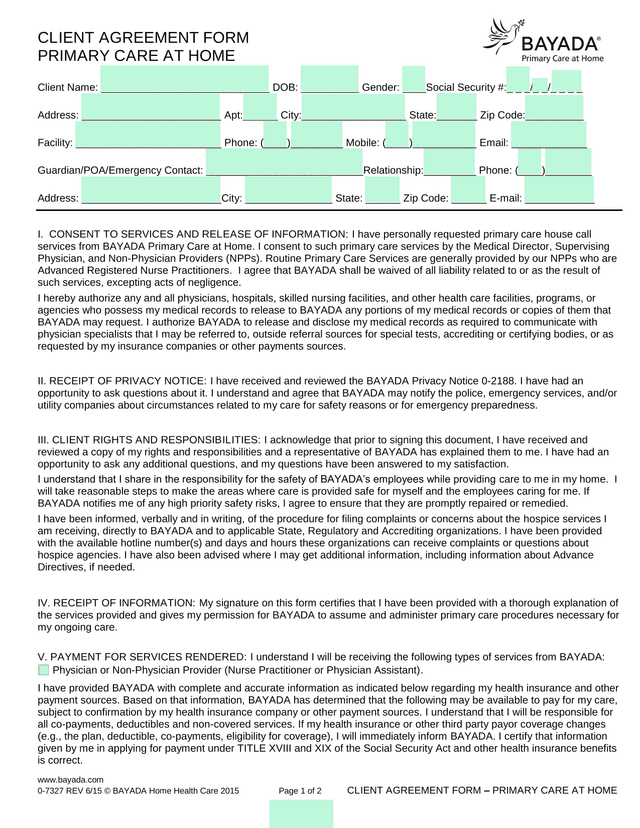 CLIENT AGREEMENT FORM   PRIMARY CARE AT HOME screenshot