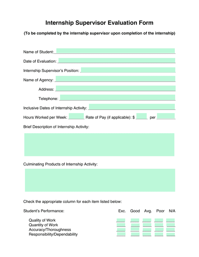 Internship Supervisor Evaluation Form screenshot