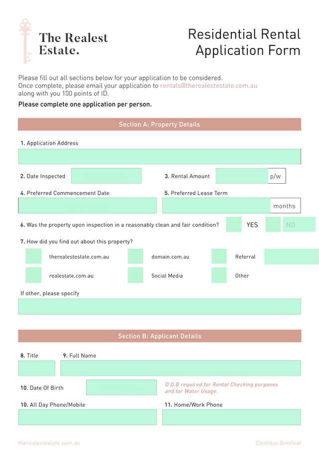 Residential Rental Application Form screenshot