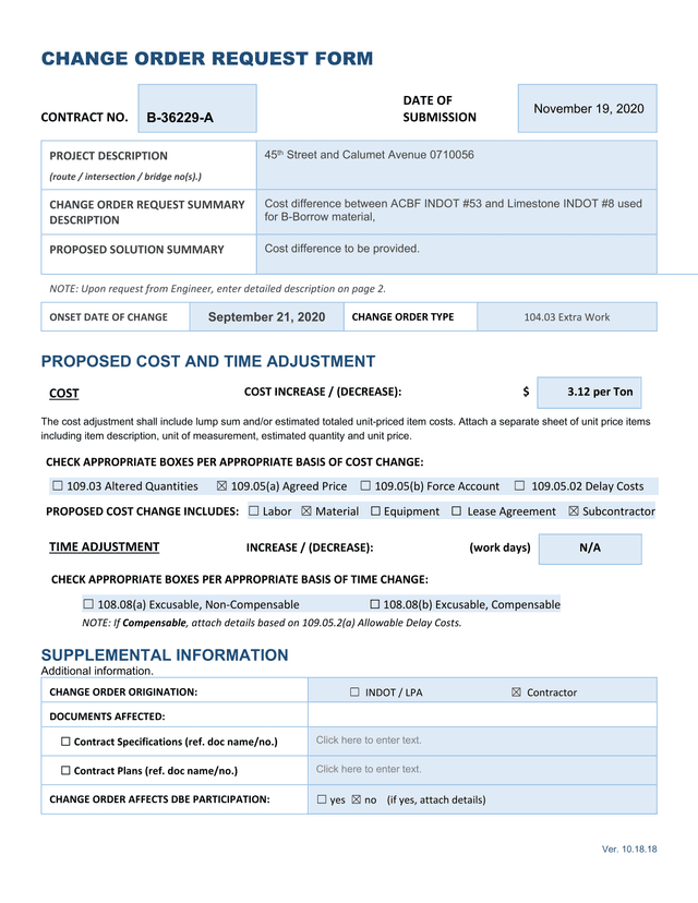 Change Order Request Form screenshot