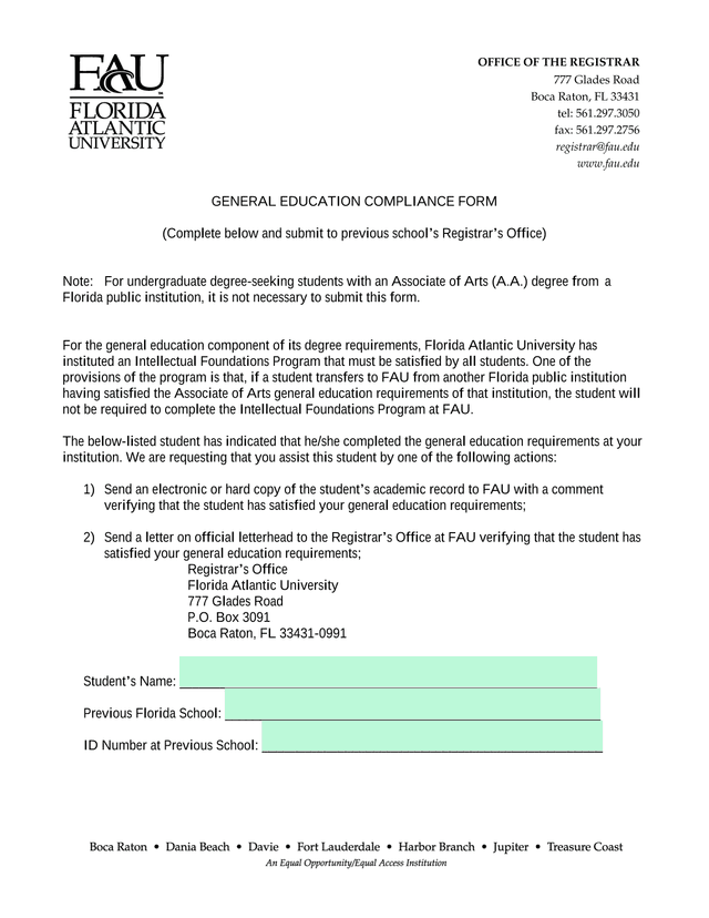 GENERAL EDUCATION COMPLIANCE FORM screenshot
