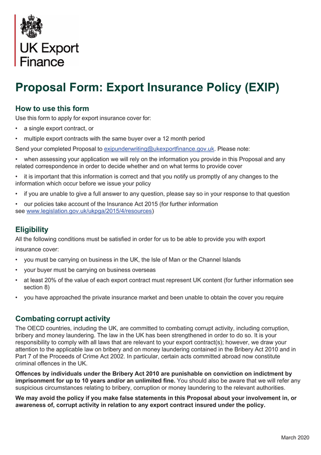 Proposal Form Export Insurance Policy (EXIP) screenshot